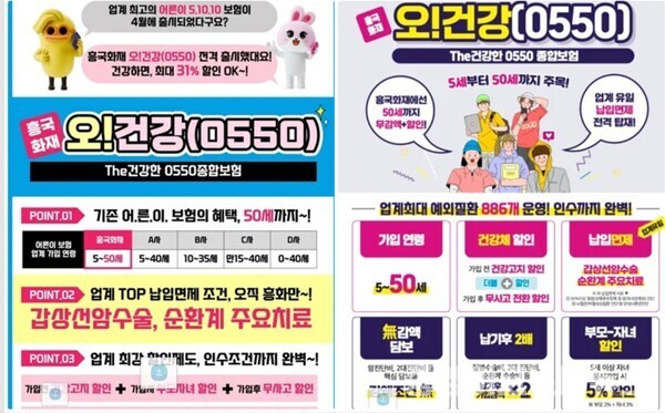 최근 흥국화재가 '어른이건강보험' 0550상품을 출시했다. 눈에 띄는 점은 5세부터 50세까지 가입이 가능하다는 점이다. 향후 손보업계에 어른이보험 의 연령 확대 경쟁을 불러일으킬 것으로 예상된다. [사진=GA현장 상품 안내소식지 캡처]