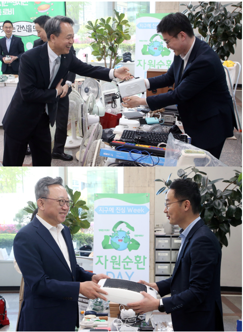 이날 행사에 참석한 진옥동 신한금융그룹 회장(사진 위)과 정상혁 신한은행장은 각각 가정에서 쓰던 LP플레이어 및 오디오, 전기히터를 기부했다.  [사진=신한금융그룹 제공]