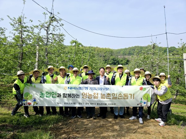 엄을용 NH농협은행 부행장(첫줄 왼쪽 다섯번째)과 기업금융부문 임직원들이 경기도 파주시 소재 사과농장을 찾아 일손을 돕고 있다. [사진=NH농협은행]