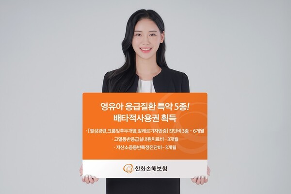 한화손해보험은 영유아에게 주로 발생하는 응급 질환인 ‘열성경련 진단비’ 등 새로 개발한 특약 5종 전부가 배타적사용권을 인정받았다고 16일 밝혔다. 이는 올해 제3보험 기준 현재 보험업계 최다 기록이다. [사진=한화손해보험]