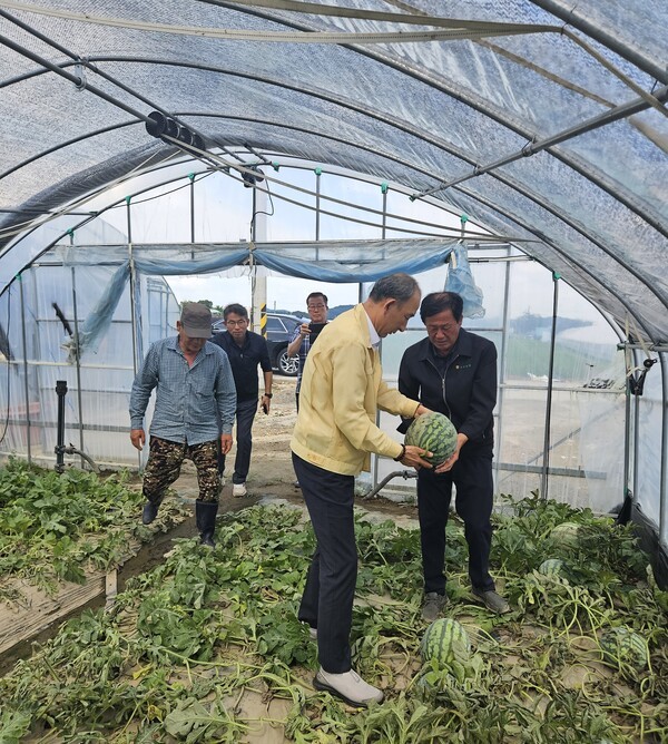21일 박병희 NH농협생명 대표가 폭우 피해를 입은 부여, 청양 일대를 방문해 피해 상황을 점검하고 있다.[사진=NH농협생명 제공]