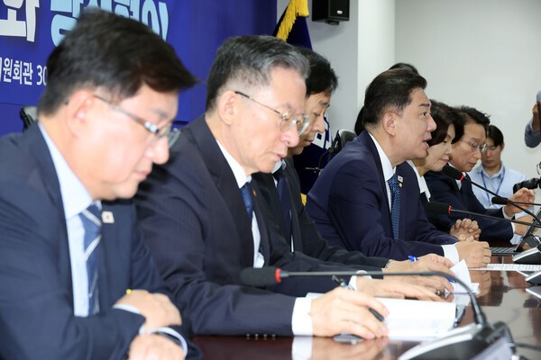 30일 서울 여의도 국회 의원회관에서 열린 경제형벌 민사책임 합리화TF 당정협의에서 더불어민주당 김병기 원내대표가 발언하고 있다. [사진=연합]