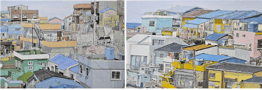 어우러짐4.정지된 시간의 아름다움,95x69cm,수묵담채,2025(왼쪽) 어우러짐5,삶의 활기,92x61cm,수묵담채,2025(오른쪽)