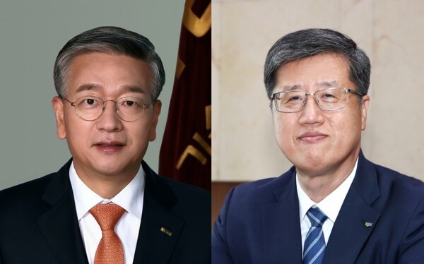 금융공기업인 신용보증기금(이사장 최원목, 사진 오른쪽)과 기술보증기금(이사장 김종호)의 이사장들이 각각 임기가 만료됐음에도 여전히 직을 유지하고 있다. 최근 금융공기업 인선 절차가 본격화 됨에도 유독 두 기관의 이사장 선임 공모 과정은 지연되고 있는 모습이다. 여기에 설상가상으로 두 보증기관의 통합 여부가 다시 도마에 올라 내부 동요가 일고 있다. [사진=각 사 제공, 편집]