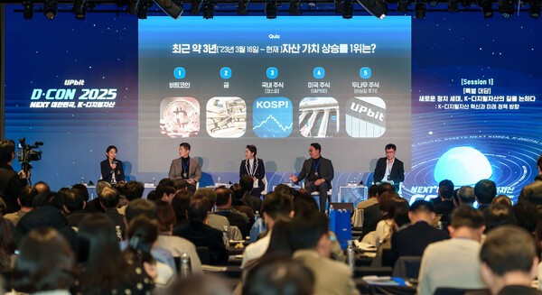 19일 디지털자산 정책 콘퍼런스 ‘D-CON 2025’의 특별대담이 진행되고 있다. 우측부터 김형년 두나무 부회장, 천하람 개혁신당 국회의원, 황정아 더불어민주당 국회의원, 김재섭 국민의힘 국회의원, 고란 알고란 대표. [사진=두나무]
