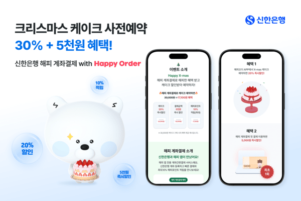 신한은행은 11월 20일부터 12월 21일까지 '해피 계좌결제'서비스를 이용해 해피오더 앱 입점 브랜드의 크리스마스 케이크를 사전예약하는 고객을 대상으로 할인 이벤트를 진행한다. [사진=신한은행 제공]
