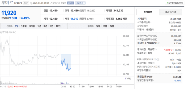 루미르 주가, 1월 16일 장중 11,920원 4.49% 하락 - 뉴스 썸네일 이미지