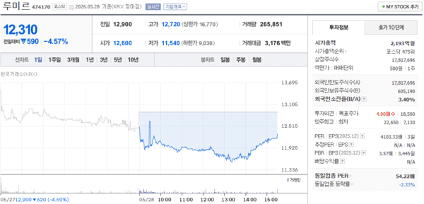 루미르 주가, 5월 28일 12,310원 4.57% 하락 마감 - 뉴스 썸네일 이미지